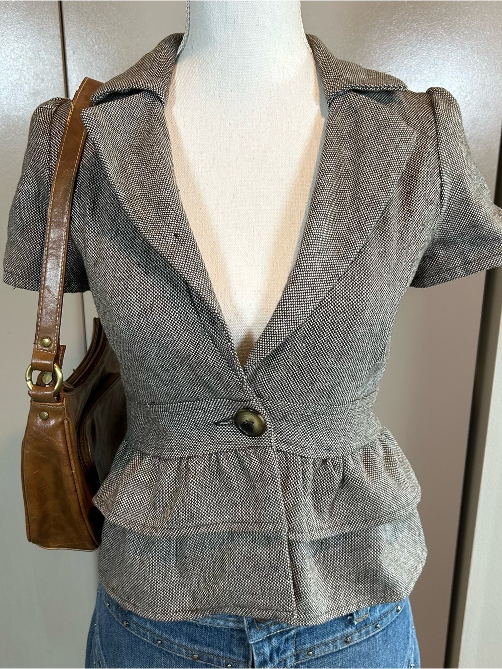 Y2K Amy Byer Juniors Brown Preppy Twee Short Sleeve V-neck Blazer